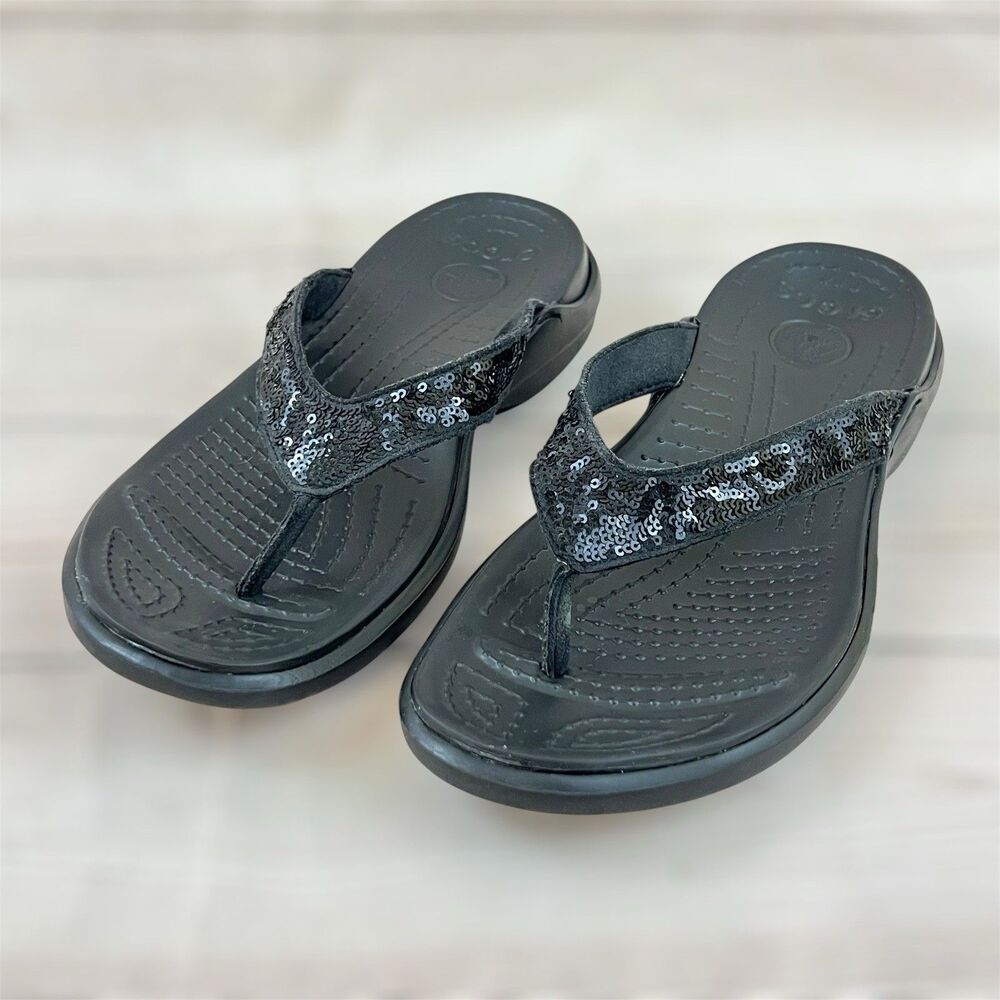 CROCS Capri V Sequin Flip Flop Sandals Womens 11 Black Dual Comfort Thong Slide